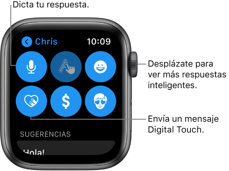 La pantalla de respuesta mostrando los botones, Dictar, Escribir, Emoji, Digital Touch, Apple Pay y Memoji. Debajo se muestran las respuestas inteligentes. Gira la corona Digital Crown para ver más respuestas inteligentes.