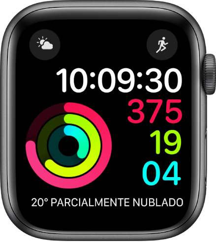 Carátula "Actividad - digital" mostrando la hora y el progreso de los objetivos de movimiento, ejercicio y pararse. También hay tres complicaciones: Estado del Clima en la esquina superior izquierda, Entrenamiento en la esquina superior derecha, y Clima en la parte inferior.