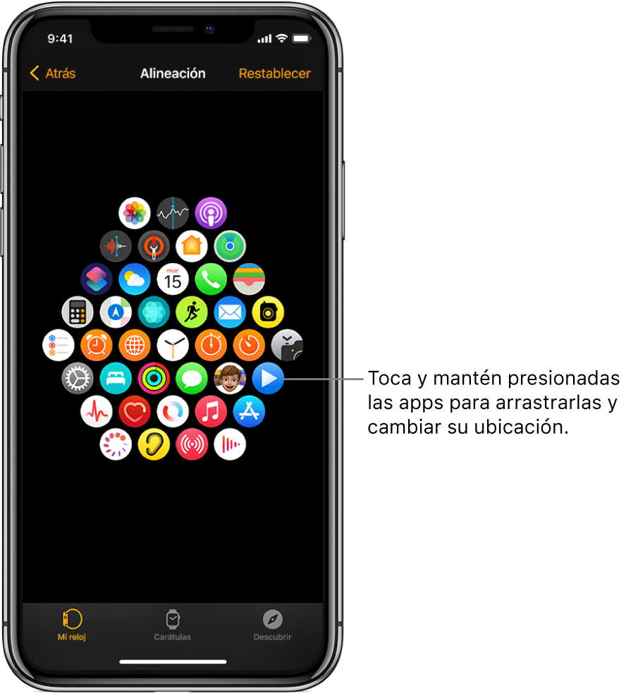 La pantalla con la Alineación en la app Apple Watch mostrando una cuadrícula de íconos.