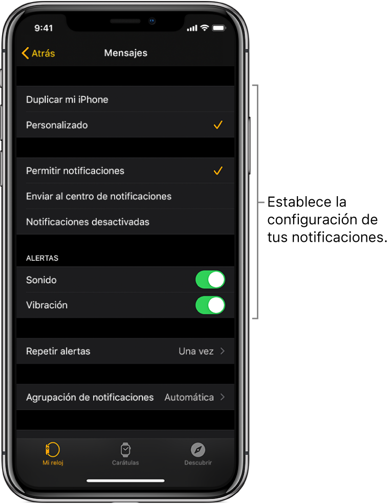 Configuración de Mensajes en la app Apple Watch en el iPhone. Puedes elegir si quieres mostrar alertas, activar el sonido, activar la vibración y repetir alertas.