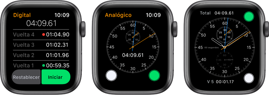 Tres carátulas mostrando tres tipos de cronómetros: uno digital en la app Cronómetro, uno análogo en la app, y los controles de cronómetro disponibles desde la carátula Cronógrafo.