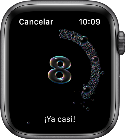 La pantalla Lavado de Manos con una cuenta regresiva desde 8. Las palabras “Ya casi” se muestran en la parte inferior.