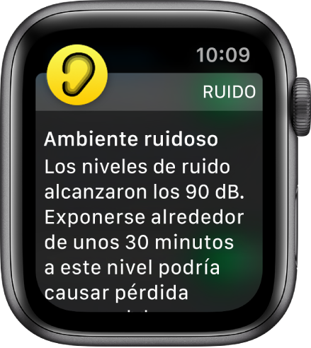 Apple Watch mostrando una notificación de ruido. El ícono de la app asociada con la notificación aparece en la esquina superior izquierda. Puedes tocarlo para abrir la app.