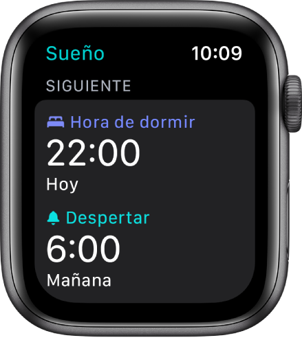 La app Sueño en el Apple Watch mostrando el horario de dormir de la noche. La hora de acostarse está establecida a las 10 p.m. y la alarma a las 6 a.m.