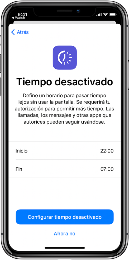 El iPhone está mostrando la pantalla de configuración de “Tiempo desactivado”. Elige una hora de inicio y una de fin en el centro de la pantalla. Los botones “Configurar tiempo desactivado” y “No ahora” están en la parte inferior de la pantalla.