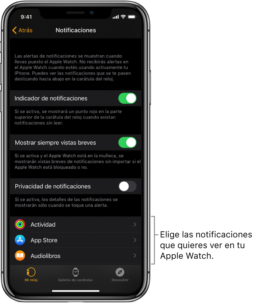 La pantalla Notificaciones en la app Apple Watch en el iPhone mostrando fuentes de notificaciones.