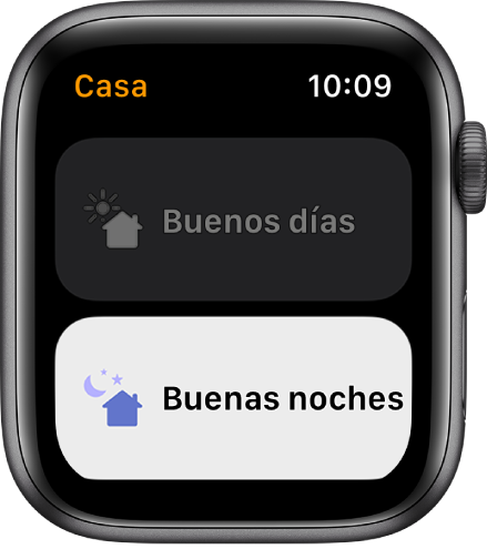 La app Casa en el Apple Watch mostrando dos ambientaciones: Buenos días y Buenas noches. La ambientación Buenas noches está resaltada.