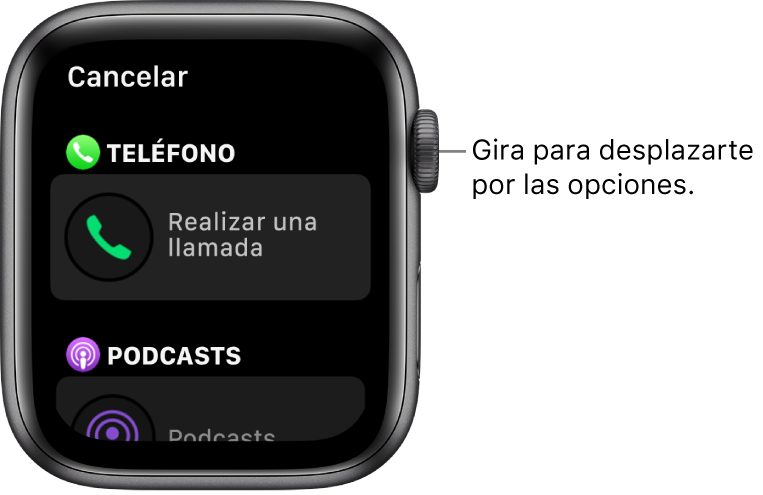 Pantalla personalizada de una carátula con la complicación “Hacer llamada” resaltada. Gira la corona Digital Crown para explorar las complicaciones.