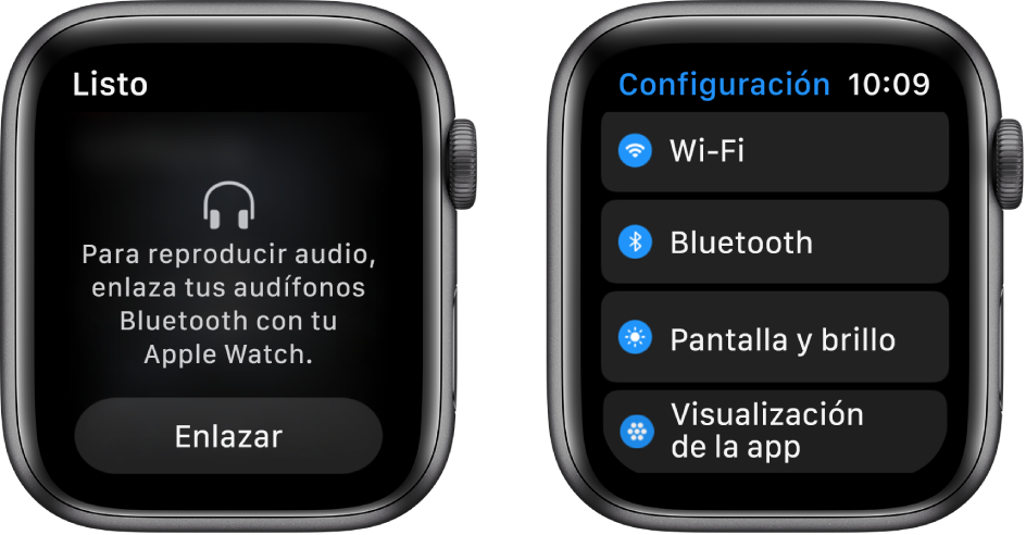 Dos pantallas lado a lado. En la izquierda se encuentra una pantalla que solicita que conectes unos audífonos Bluetooth al Apple Watch. El botón “Enlazar dispositivo” está en la parte inferior. A la derecha se encuentra la pantalla Configuración, mostrando en una lista los botones Wi-Fi, Bluetooth, “Pantalla y tamaño de texto” y “Visualización de apps”.