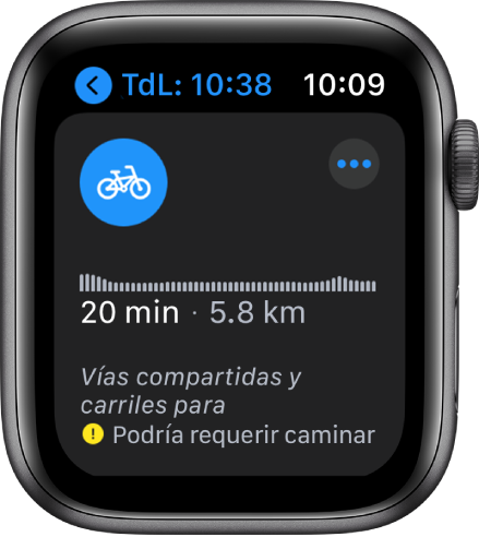 La pantalla Mapas mostrando un resumen de las indicaciones en bicicleta, incluyendo cambios en la elevación, tiempo de viaje estimado y distancia.