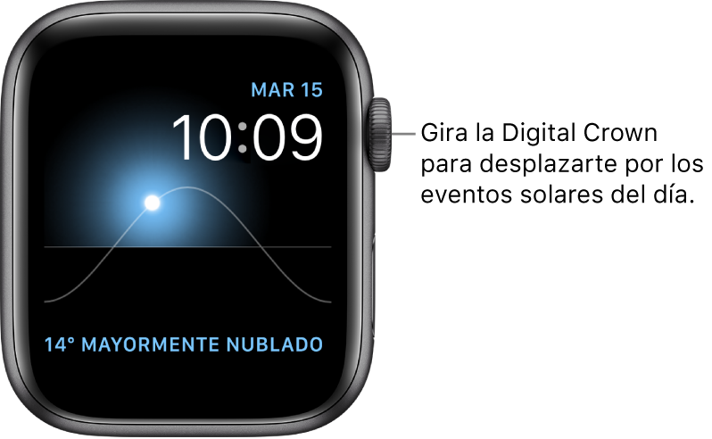 La carátula Solar, que muestra el día, la fecha y la hora actuales (y que no puedes modificar). Aparece una complicación Clima en la esquina inferior derecha. Gira la corona Digital Crown para mover el Sol en el cielo a las posiciones de anochecer, amanecer, cenit, puesta del sol u oscuridad.