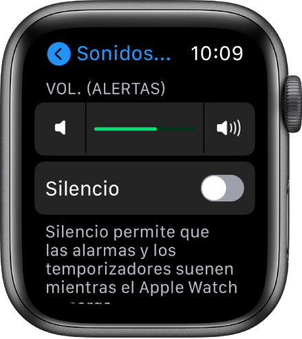 Configuración "Sonidos y vibración" en el Apple Watch, con el regulador "Volumen de alerta" en la parte superior y el botón del modo Silencio debajo de él.