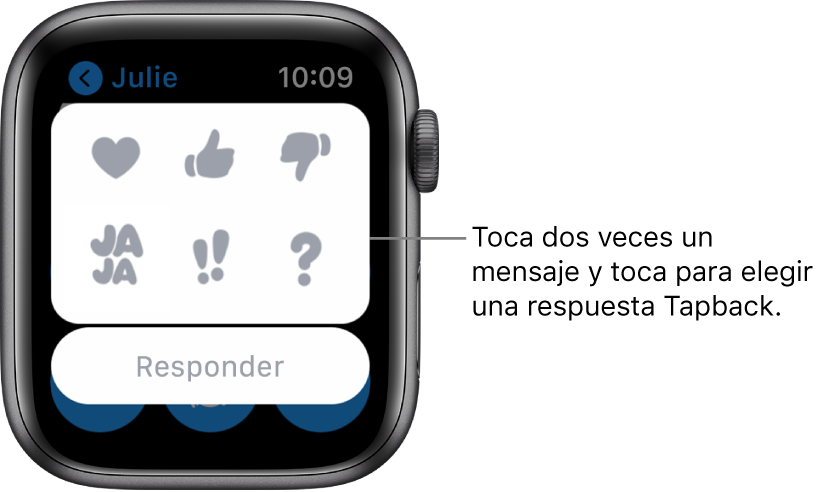 Una conversación de mensajes con opciones de respuesta Tapback: corazón, pulgar hacia arriba, jaja, !! y ?. Debajo se encuentra el botón Responder.