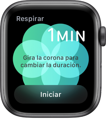 La pantalla de la app Respirar mostrando una duración de un minuto en la esquina superior derecha y el botón de inicio en la parte inferior.
