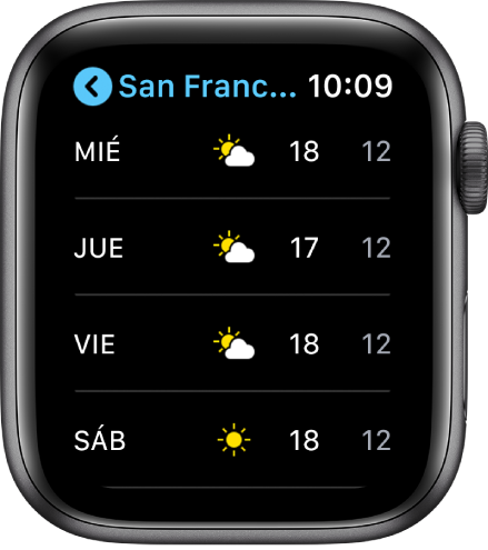 La app Clima mostrando el pronóstico de la semana.