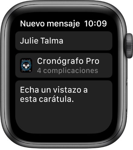 Pantalla del Apple Watch mostrando un mensaje de compartir de una carátula con el nombre del destinatario en la parte superior, el nombre de la carátula debajo y, debajo de eso, un mensaje que dice “Echa un vistazo a esta carátula”.