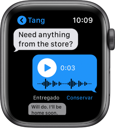 Pantalla de Mensajes mostrando una conversación. La respuesta del medio es un mensaje de audio que viene con un botón para reproducir.