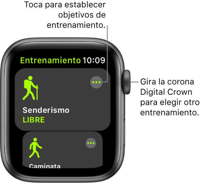 La pantalla Entrenamiento con la opción Senderismo resaltada. Hay un botón Más en la esquina superior derecha. Debajo se encuentra una parte de un entrenamiento Caminata.