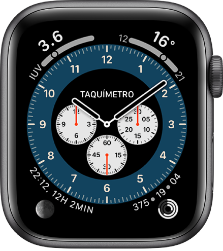 La variación taquímetro de la carátula Cronógrafo Pro. Muestra cuatro complicaciones: Índice de rayos UV en la esquina superior izquierda, Temperatura en la esquina superior derecha, Fase lunar en la esquina inferior izquierda y Actividad en la esquina inferior derecha.