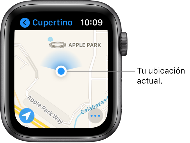 La app Mapas mostrando un mapa. Tu ubicación se muestra con un punto azul en el mapa. Hay un indicador azul arriba de la ubicación, indicando que el reloj apunta hacia el norte.
