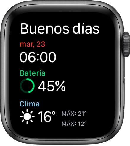 Apple Watch mostrando la pantalla del despertador. Las palabras Buenos días se muestran en la parte superior. Debajo se muestran la hora, fecha, porcentaje de batería y el clima.