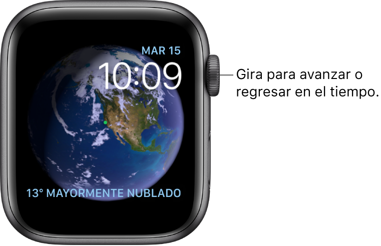 La carátula Astronomía muestra el día, la fecha y la hora actual. Hay una complicación Clima en la esquina inferior derecha. Gira la corona Digital Crown para avanzar o retroceder el tiempo.