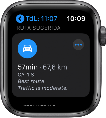 La app Mapas mostrando una ruta sugerida con la distancia estimada y el tiempo que tomará llegar. Hay un botón Más en la esquina superior derecha.