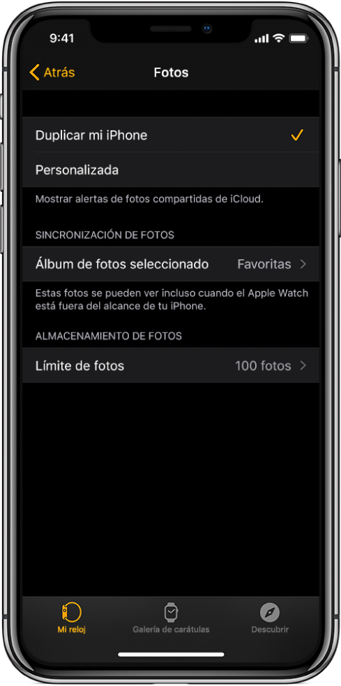 La configuración de Fotos en la app Apple Watch en el iPhone, con la configuración “Sincronización de fotos” en el centro y la configuración "Límite de fotos" abajo.