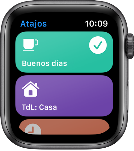 La pantalla de Atajos en el Apple Watch mostrando dos atajos: Buenos días y Hora de llegada a casa.