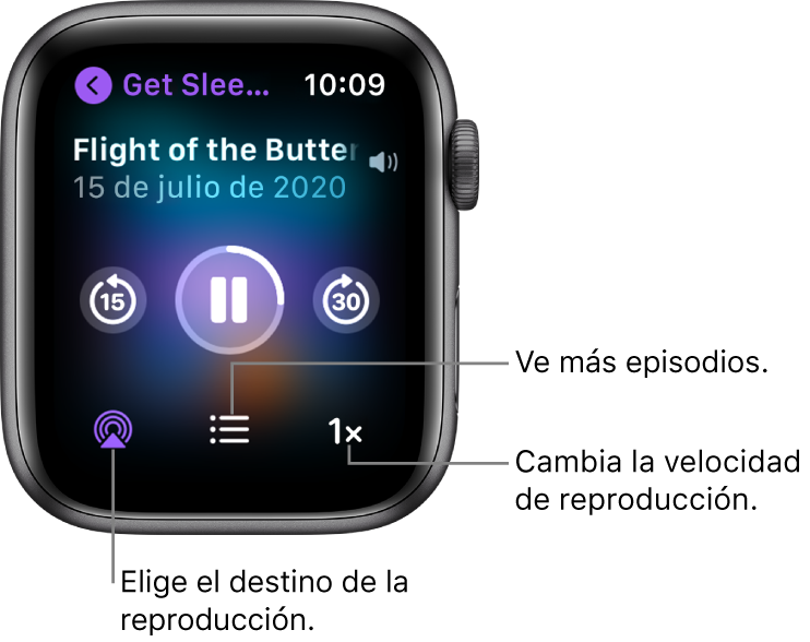 Pantalla "Ahora suena" de Podcasts mostrando el título del programa y del episodio, la fecha, los botones "Retroceder 15 minutos", "Pausar", "Avanzar 30 segundos", "AirPlay", “Episodios” y "Velocidad de la reproducción".