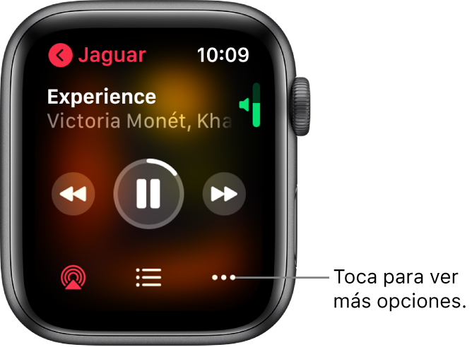 La pantalla de "Ahora suena" de la app Música. El nombre del álbum está en la parte superior izquierda. El título de la canción y el artista aparecen en la parte superior, los controles de reproducción están en el medio y los botones de opciones, lista de pistas y AirPlay están en la parte inferior.