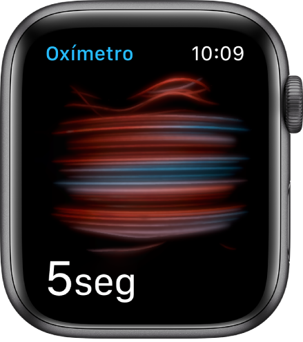 La pantalla Oxígeno en Sangre tomando una medida; contando de 5 a 0.
