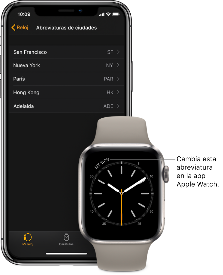 Un iPhone y un Apple Watch lado a lado. La pantalla del Apple Watch muestra la hora de la ciudad de Nueva York, usando la abreviatura NYC. La pantalla del iPhone muestra la lista de ciudades en la configuración “Abreviaturas de ciudades”, en la configuración Reloj en la app Apple Watch en iPhone.