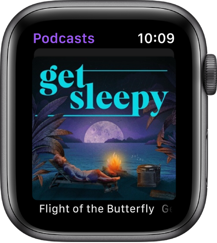 La app Podcasts en el Apple Watch mostrando la ilustración de un podcast. Toca la ilustración para reproducir el episodio.