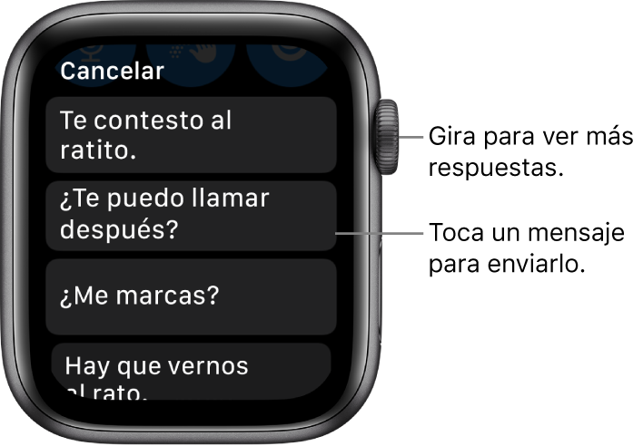 Pantalla de Mensajes mostrando el botón Cancelar en la parte superior y tres respuestas preestablecidas (“Te contesto al ratito”, “¿Te puedo llamar después?” y “¿Me marcas?”).