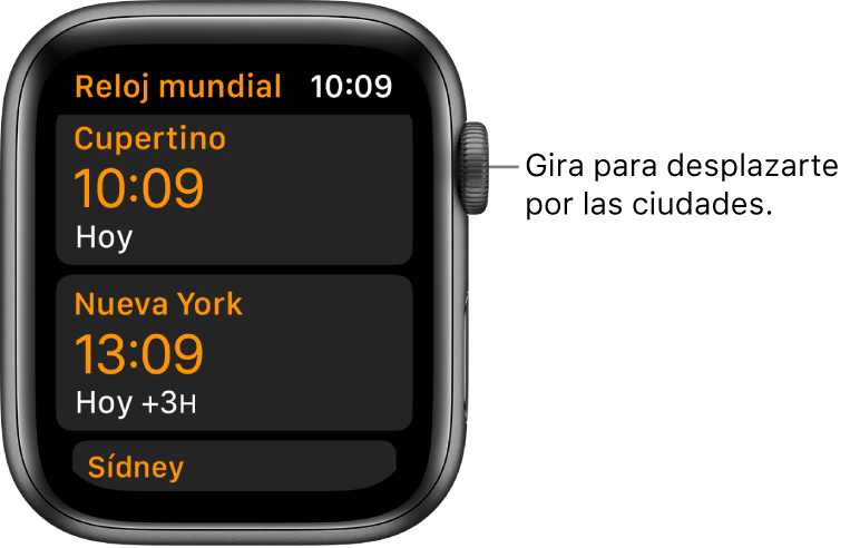 La app Reloj Mundial con una lista de ciudades y la barra de desplazamiento.