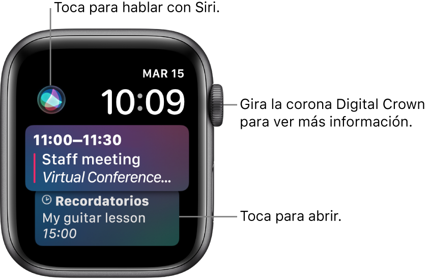 La carátula Siri mostrando un recordatorio y un evento de calendario. Un botón de Siri en el área superior izquierda de la pantalla. La fecha y el tiempo están en la esquina superior derecha.