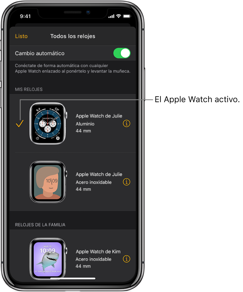 En la pantalla “Todos los relojes” en la app Apple Watch se muestra el Apple Watch activo con una casilla seleccionada.