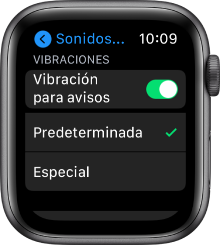 Configuración de "Sonidos y vibración" en el Apple Watch con el interruptor "Vibración para avisos" y los botones Predeterminado y Especial debajo.