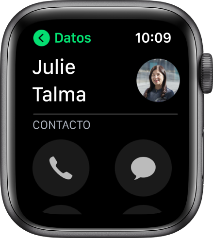 Pantalla de Teléfono mostrando un contacto y los botones Llamar y Mensaje.