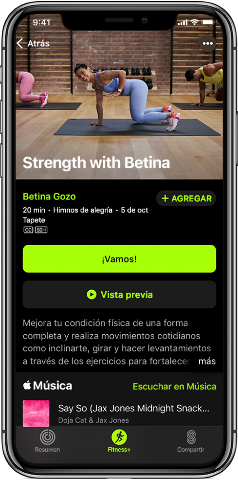 La pantalla de un entrenamiento de fuerza mostrando el botón ¡Vamos!, el botón Previsualizar, una descripción y la playlists del entrenamiento.