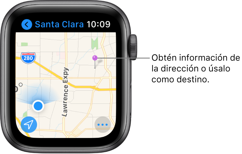 La app Mapas muestra un mapa con un marcador morado, que se usa para obtener la dirección aproximada de un punto en el mapa o como un destino para las indicaciones.