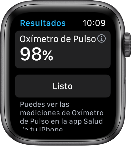 Pantalla de resultados de Oxígeno en Sangre mostrando un nivel de saturación de oxígeno del 98 por ciento. El botón Listo está en la parte inferior.