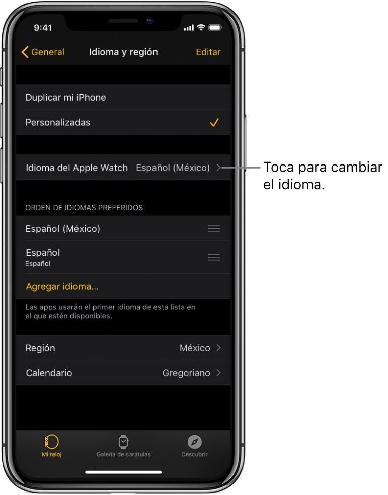 La pantalla "Idioma y región" en la app Apple Watch con la configuración Idioma del Apple Watch en la parte superior.