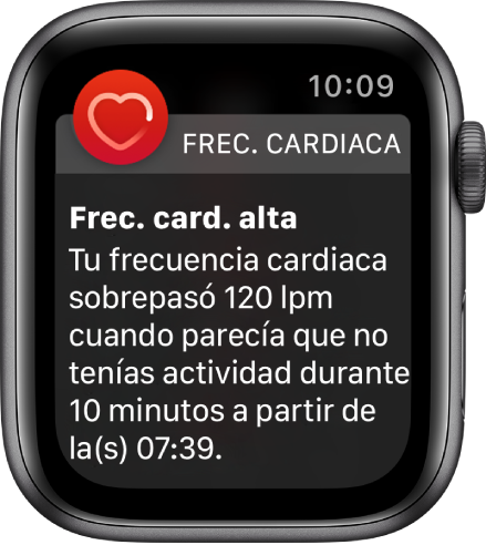 La pantalla “Frecuencia cardiaca alta” mostrando una notificación que indica que tu frecuencia es mayor a 120 LPM cuando llevas 10 minutos inactivo.