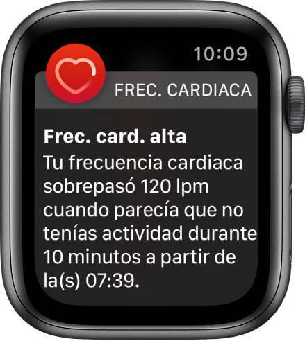 Alerta de Frecuencia Cardiaca indicando una frecuencia elevada.