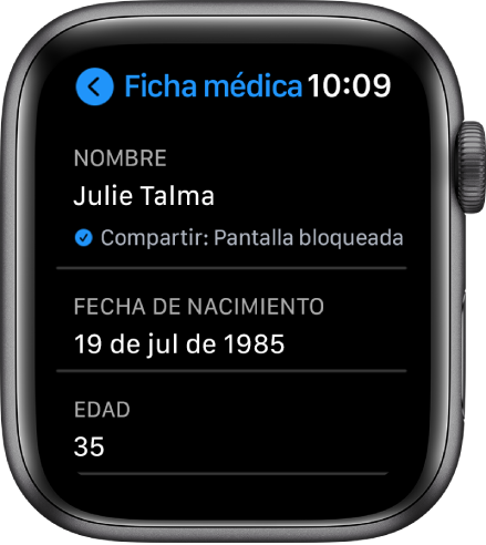 Pantalla de la ficha médica mostrando el nombre y la edad del usuario.