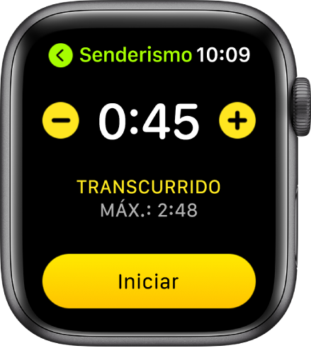 La pantalla de objetivo mostrando el tiempo cerca de la parte superior, con los botones - y + en cada lado y el botón Iniciar en la parte inferior.