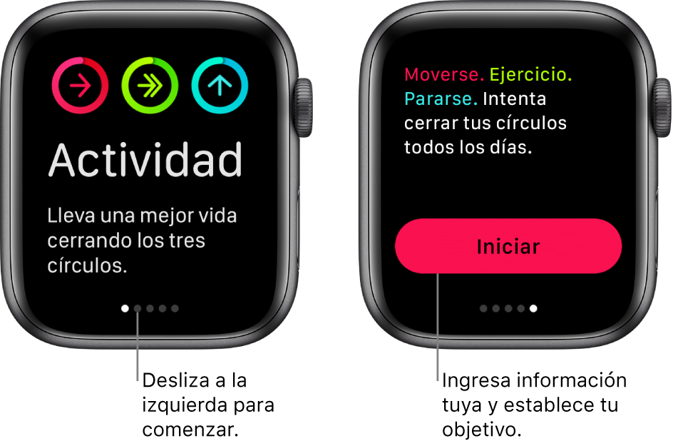 Dos pantallas: una muestra la pantalla de inicio de la app Actividad y la otra muestra el botón Iniciar.