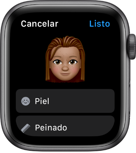 La app Memoji en el Apple Watch mostrando una cara cerca de la parte superior y las opciones “Tono de piel” y “Peinado”.